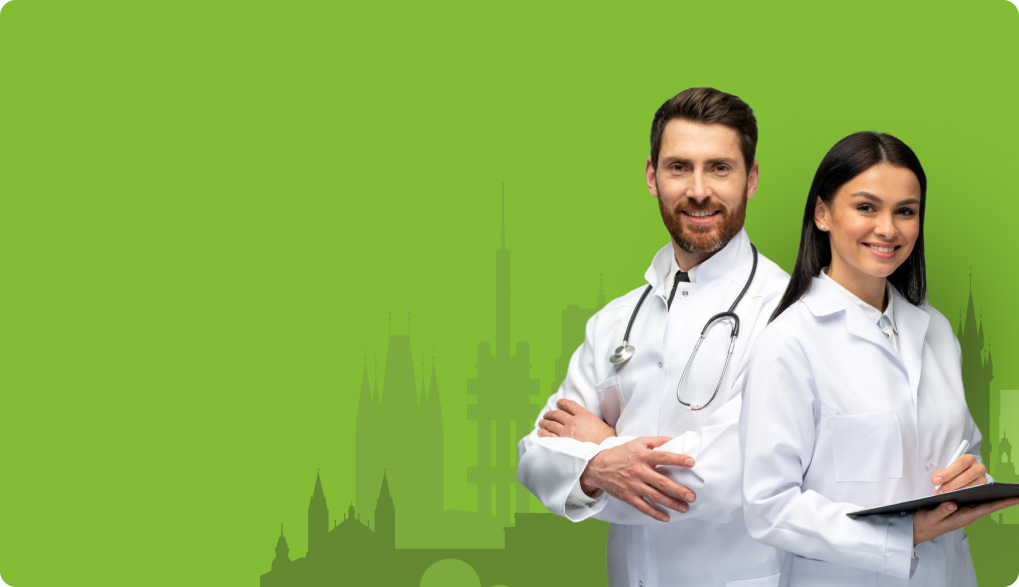 Professional team of doctors in white lab coats standing confidently in front of a green background with a Prague skyline silhouette, representing world-class medical travel services by ROYAL MEDICAL.