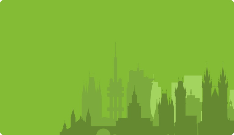 Green silhouette of a city skyline featuring Prague landmarks, including the Žižkov Television Tower.